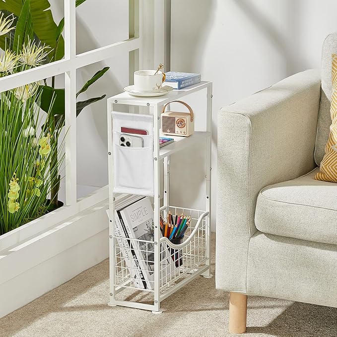 Narrow Side Table, Skinny Small End Tables with Magazine Holder, 3 Tier Small Sofa Side Table for Smalls Spaces, Sofa Couch Tables Bedside Table for Living Room Bedroom Office