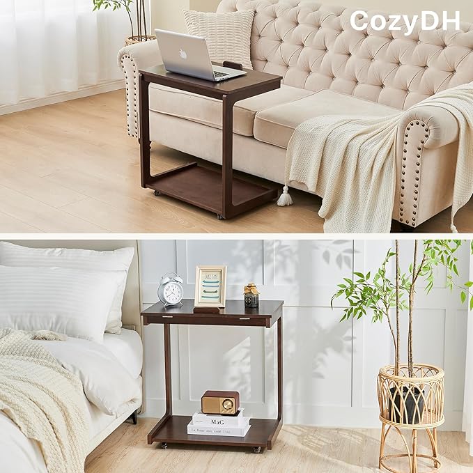 CozyDH Adjustable C Shaped End Table, Rolling Side Table Solid Wood TV Sofa Tray Table for Couch Arm Eating Multi-Purpose, Small Coffee Table with Wheels Living Room Bedroom, Dark Walnut