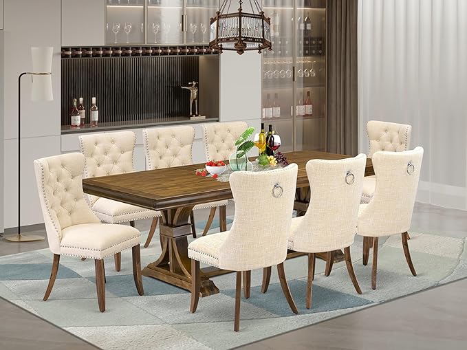 LEDA9-AWA-32 9 Pieces Dining Table Set Includes a Rectangle Table and 8 Light Beige Polyester Fabric Dining Chairs, Antique Walnut