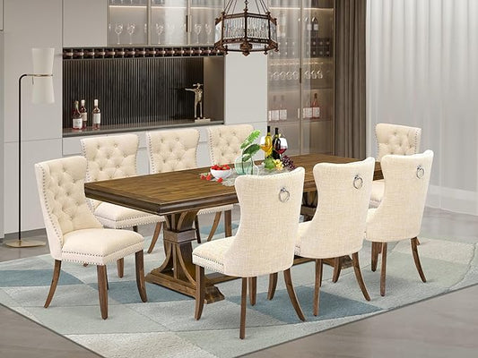 LEDA9-AWA-32 9 Pieces Dining Table Set Includes a Rectangle Table and 8 Light Beige Polyester Fabric Dining Chairs, Antique Walnut