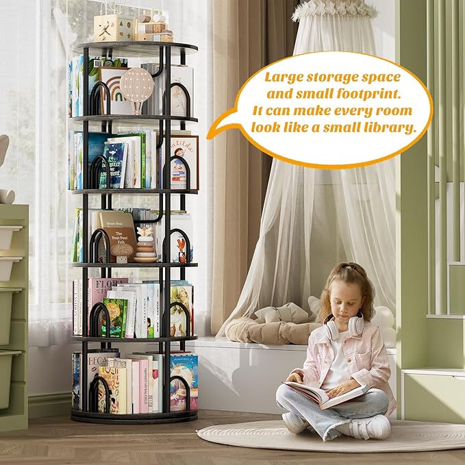 Aheaplus 5 Tier Rotating Bookshelf Tower, 360 Display Spinning Bookcase, Revolving Round Book Shelf Narrow Swivel Bookshelf, Vertical Turning Corner Book Organizer for Small Space, Black Oak