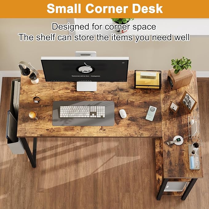 L Shaped Computer Desk with Reversible Shelves, 47 Inch Small Corner Desk with Storage Bag, Gaming Desk Computer Table Study Writing Desk for Home Office Small Space, Rustic Brown