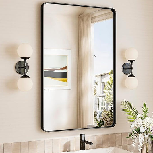 TokeShimi 24x36 Black Bathroom Mirror,Wall Mirror for Bathroom with Tempered Glass,Matte Black Bathroom Vanity Mirror for Over Sink,Seamless Aluminum Framed Mirror(Horizontal/Vertical)
