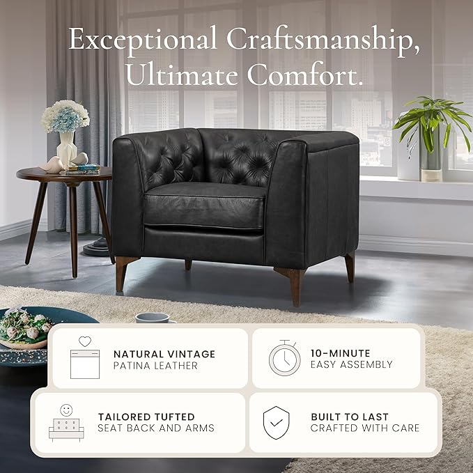 Poly & Bark Essex Lounge Chair - Leather Chair with Tufted Back - Full-Grain Living Room Armchair with Feather-Down Topper - Vintage Italian Leather in Midnight Black - Set of 2