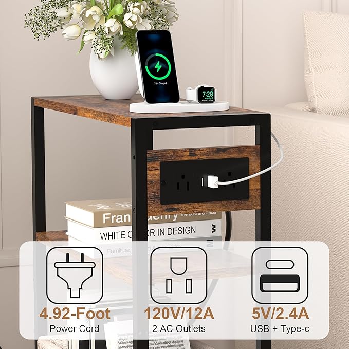 Small Narrow Side Table with Charging Station, Skinny End Table for Small Spaces, Slim Nightstand with Outlets, Sofa Bedside Table in Living Room, Bedroom, Study, Kitchen and Balcony (Rustic Brown)
