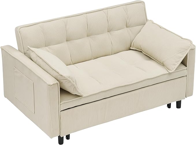 Ball & Cast Convertible Sofa Bed,Pull Out Loveseat Sleeper Sofa,Convertible Pull Out Couch W/ 2 Pillows,Adjustable Backrest & Side Pocket,Corduroy Futon Couches for Living Room,Apartment,Beige,54"