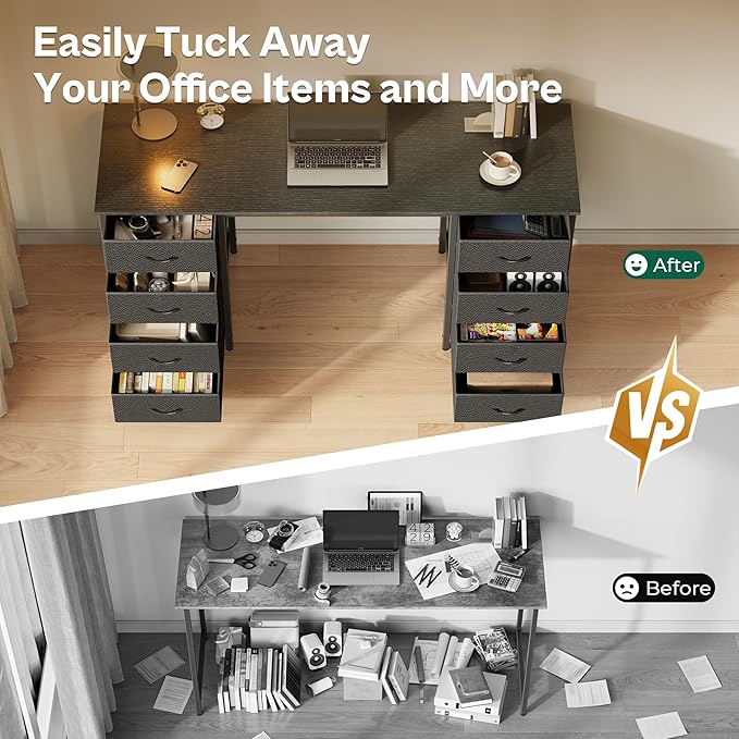 Huuger 55 Inch Computer Desk with 8 Fabric Drawers, Office Desk Work Desk for Home Office, Study, Gaming Desk with Drawers, Large Storage, Black