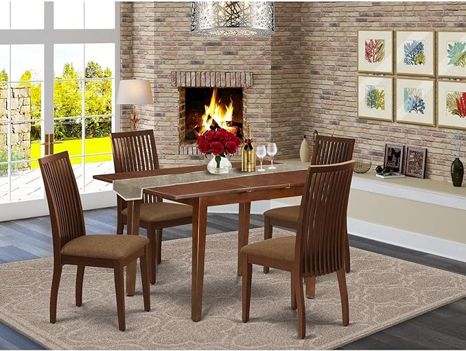 East West Furniture PSIP5-MAH-C 5 Piece Dining Table Set for 4 Includes a Rectangle Kitchen Table with Butterfly Leaf and 4 Linen Fabric Kitchen Dining Chairs, 32x60 Inch, Mahogany