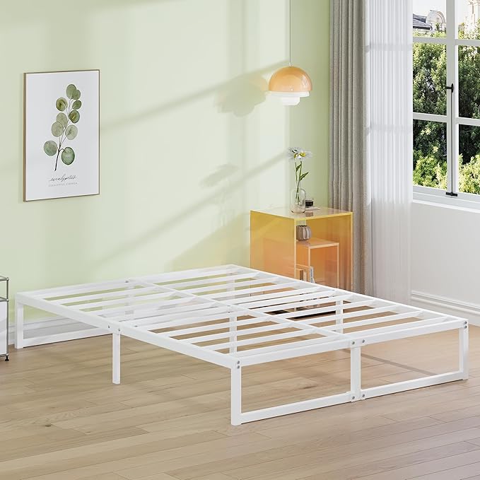 EMODA 12 Inch Full Size Bed Frame, Metal Platform White Bed Frame Full No Box Spring Needed, Heavy Duty Steel Slats Support, Easy Assembly, Noise Free