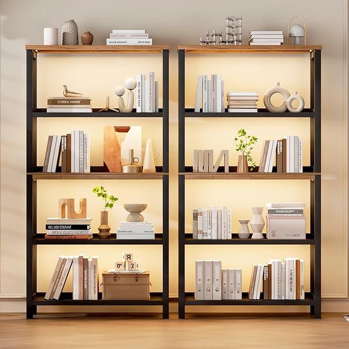 Vlsrka 5 Tier Wooden Bookshelf with Lights, 65" Tall Open Bookcase Storage Rack, Modern Bookshelf with Storage, Free Standing Display Book Shelves for Living Room, Home Office, Black