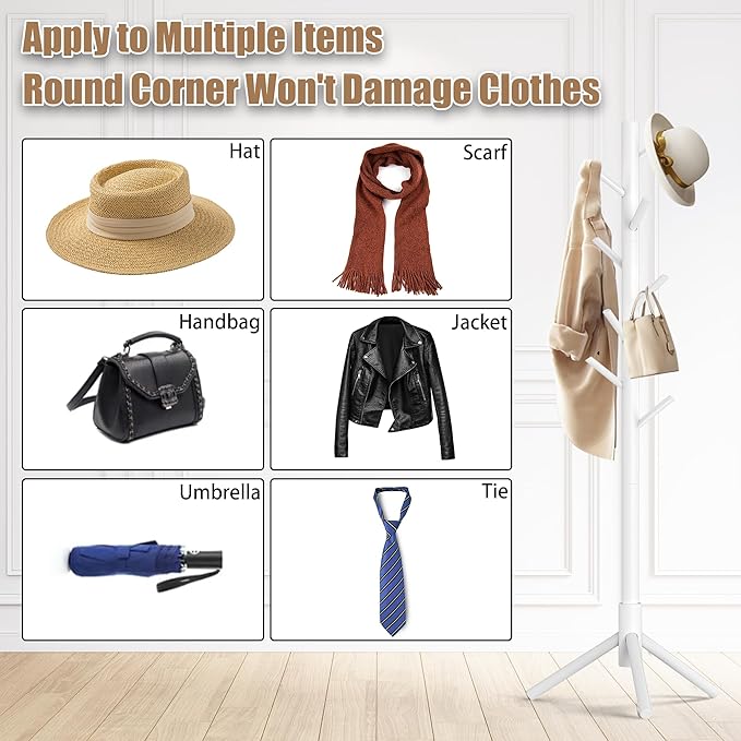 Wooden Coat Rack Stand, Freestanding Coat Rack with 8 Hooks, 3 Adjustable Size Coat Tree for Hats, Coats, Scarves bags, Coat Hanger Stand Used in Bedroom/Office/Entryway （White）