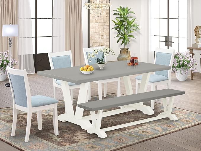East West Furniture V097MZ015-6 6 Piece Dining Table Set Contains a Rectangle Dining Room Table and 4 Baby Blue Linen Fabric Parson Chairs with a Bench, 40x72 Inch, Multi-Color