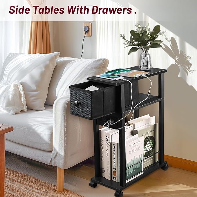 Side Table with Charging Station and Drawer, Narrow End Table with USB Ports and Outlets for Small Space, Living Room, Bedroom and Office, with 4 Wheels (1, Black)