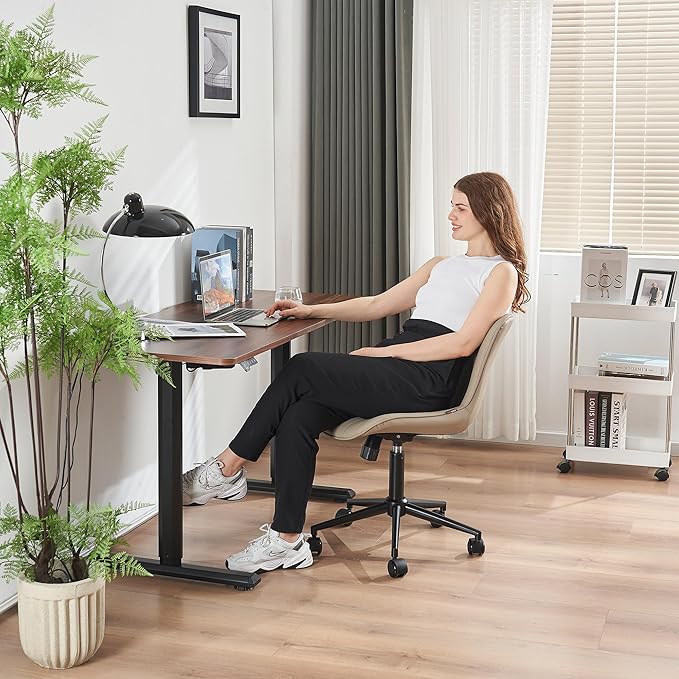 YOUNIKE Khaki Comfy Home Office Desk Chair with Wheels Armless Vanity Chair with Back Ergonomic Modern Leather Upholstered Rolling Task Chair Small Cute Sewing Chair No Arms Wide Swivel Adjustable