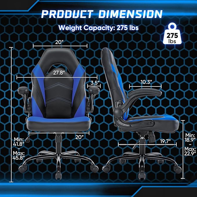 OLIXIS Computer Gaming Chair - PU Leather Ergonomic Lumbar Support with Flip-up Armrest and 360° Swivel Wheels, Height Adjustable Task Home Office Desk Video Racing, Blue