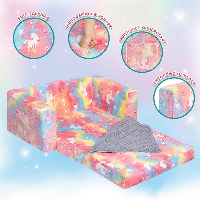 ALIMORDEN Fold Out Toddler Couch, Extra Wide Comfy 2-in-1 Cuddly Sherpa Sofa for Kids, with Removable Baby Friendly Blanket, Convertible Sofa to Bed, Unicorn