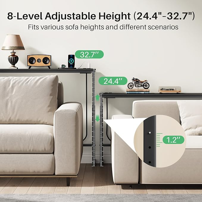 Kitstorack 2-Pack Black Narrow Console Table Behind Couch, Adjustable Height (25"-33") & 2 Power Outlets, Skinny Entryway Sofa Table 5.9" Deep x 79" Long, Split Design for Separate Use