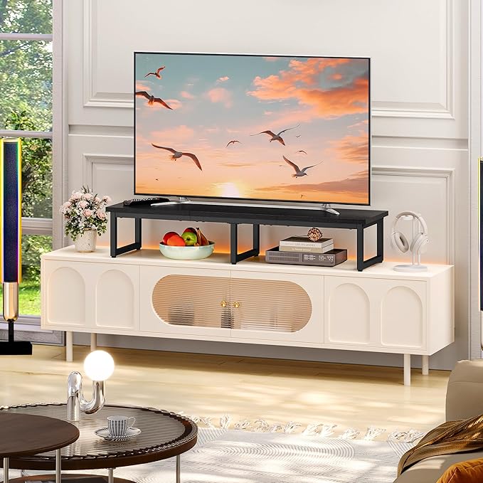 Clikuutory 45" Large TV Riser for 32-60 inch TVs, Tabletop Stand with Steel Legs, Storage & Dual - Screen Office Desk Function, Ideal for Home Office, Bedroom, Living Room, Black