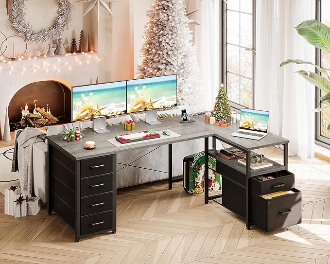 Coleshome L Shaped Computer Desk with 6 Drawers & Power Outlet, 55 Inch Corner Desk with Reversible Storage Shelf & File Drawer, Home Office Desk, Grey Oak