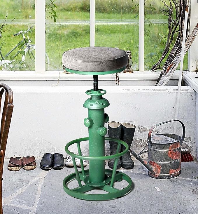 Topower Antique Industrial Round Bottom Adjustable Height Cafe Coffee Retro Vintage Stylish Water Pipe Design Pub Kitchen Bar Stool (Antique Green, PU Leather Top)