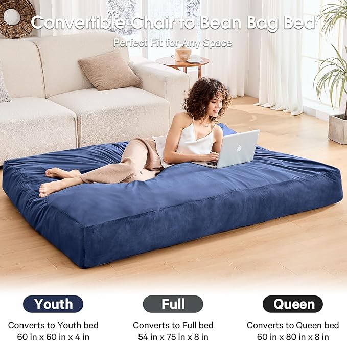 Bean Bag Chairs for Adults - Giant Bean Bag Chair Convertible Bean Bag Bed - Beanbag Chair with Micro Fiber Cover/Furniture Foam Filler - Floor Couch Sofa in Bedroom Dorm Room - Queen Navy Blue