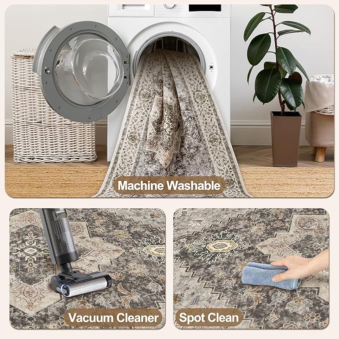 Tangsoo 5x7 Area Rug Washable Rug for Living Room, Vintage Indoor Non Slip Large Area Rugs, Print Distressed Brown/Grey Carpet, Soft Low Pile Foldable Floor Rug for Bedroom Dining Room Dorm