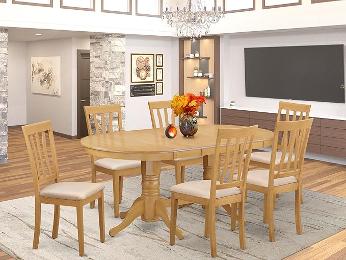 East West Furniture VAAN7-OAK-C 7 Piece Kitchen Table Set Consist of an Oval Dining Table with Butterfly Leaf and 6 Linen Fabric Upholstered Dining Chairs, 40x76 Inch, Oak