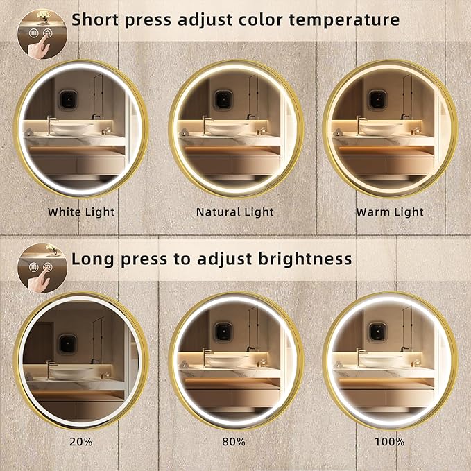 Hasipu 32 Round LED Mirror for Bathroom with Lights, Gold Circle Vanity Mirror for Wall, Metal Framed Frontlit Bathroom Mirrors Anti-Fog, Dimmable, 3 Colors Makeup Mirror Wall Mounted