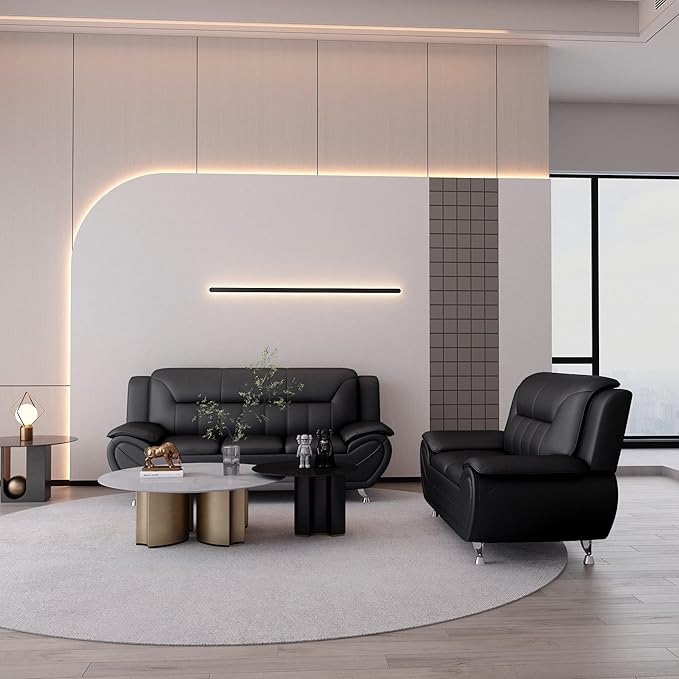 Container Furniture Direct Michael Modern Faux Leather Upholstered Stainless Steel Legs Living Room Sofa, Black