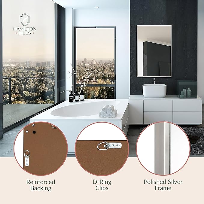Hamilton Hills 24x36 inch Polished Silver Metal Framed Wall Mounted Mirror - Large Rectangular Wall Mirrors for Bathroom - 1/2 inch Floating Frame Vanity Nickel Glass - Hangs Horizontal or Vertical