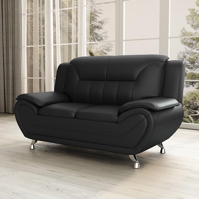 Container Furniture Direct Michael Modern Faux Leather Upholstered Stainless Steel Legs Living Room, Chair, Loveseat, Sofa, Soft Beige/Black
