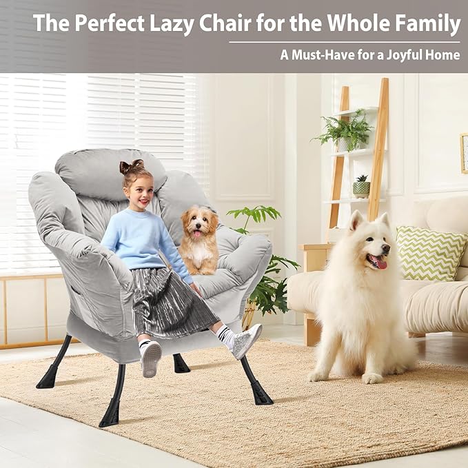 Lazy Chair Thick Padded, Comfy Velvet Accent Lounge Chair with Stable Frame, Leisure Sofa Armchair with Armrests and Side Pocket, Reading Chair for Bedroom, Living Room, Office, Light Gray