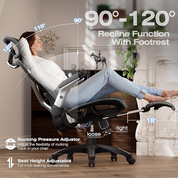 ELABEST X100 Ergonomic Office Chair with Footrest, Big and Tall Home Desk Chair with 5D Flip-Up Arms, Adjustable 3D Lumbar Support,High Back Rolling Computer Chair, Swivel Mesh Chairs (Forest Ranger)