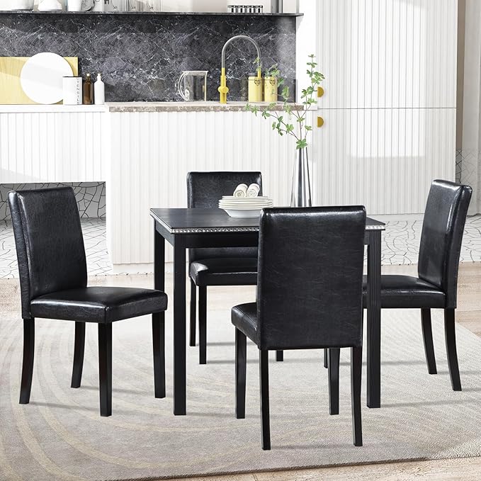 KEIKI 5-Piece Standard Height Dining Table Set with Square Table and 4 Upholstered Chair, for 4 Person, Classic Crystal Decoration Wood Table Set, Easy Assembly, for Kitchen, Dining Room, Black