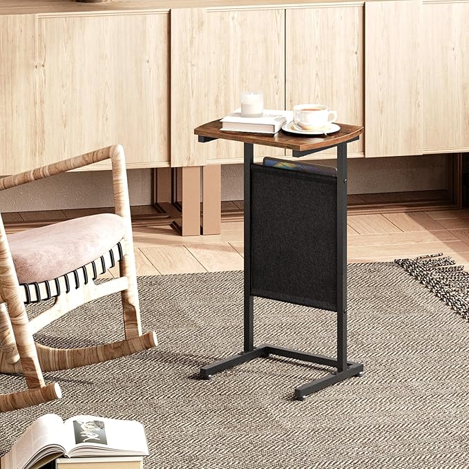 HOOBRO C Shaped End Table with Storage Bag, 28.3" Tall Small Side Table for Couch, Slide Under Sofa, TV Tray for Small Place, Sturdy Frame, Living Room, Bedroom, Rustic Brown and Black BF40SF01
