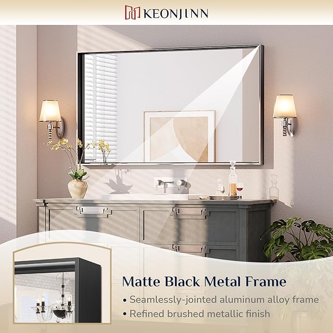 Keonjinn Black Bathroom Mirror 40 x 24 Inch, Metal Frame Black Mirror for Over Sink, Brushed Black, Modern Farmhouse, Square Corner Rectangular Mirrors for Wall(Horizontal/Vertical)
