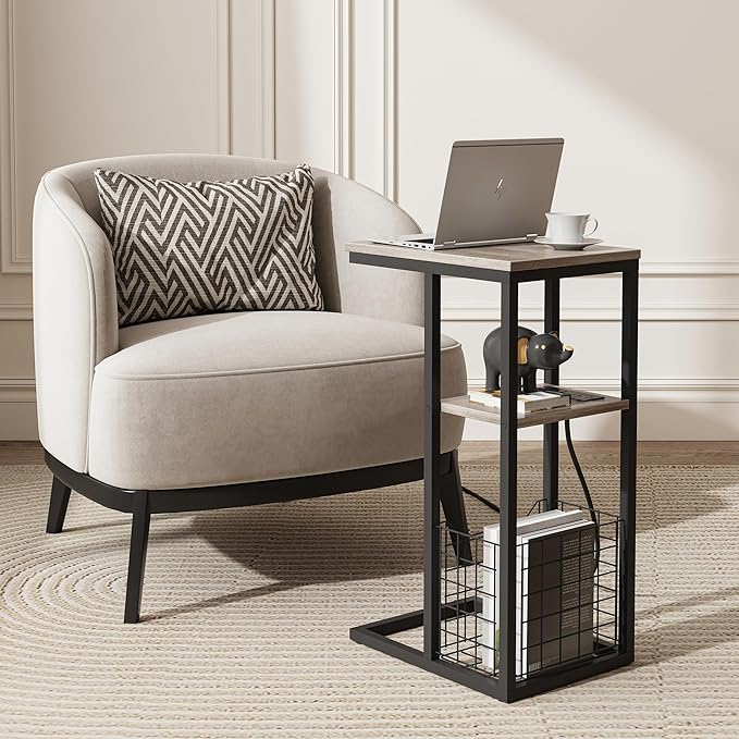 Vagusicc C Shaped End Table with Charging Station, Side Table for Couch, Small Side End Table for Small Spaces, 28" High Slide Under Sofa Table for Coffee, Tv Tray Table for Living Room, Greige
