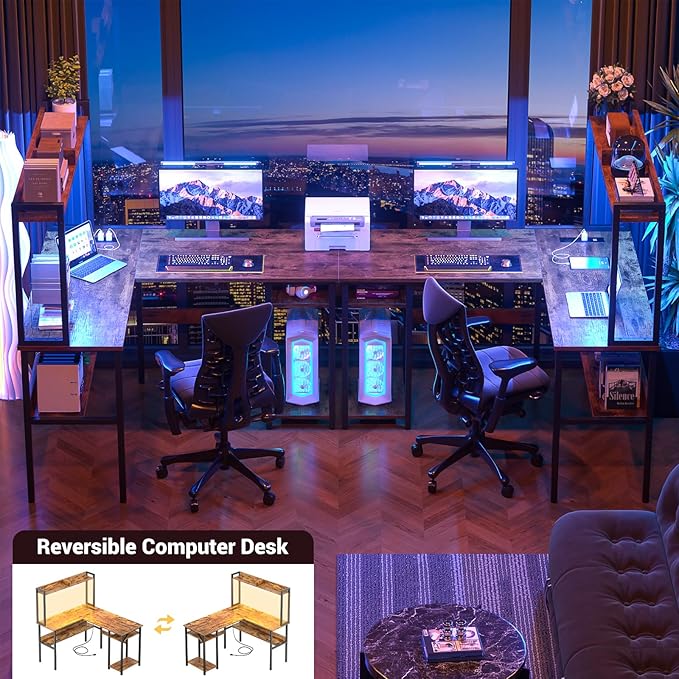 Unikito L Shaped Gaming Desk with LED Strip and Power Outlets, Reversible L-Shaped Computer Desk with Storage Shelves, Corner Desk with Hutch, 2 Person Home Office Desk, Rustic Brown