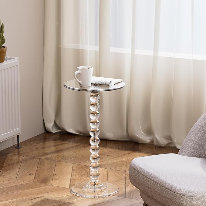Acrylic Side Table, End Table Round Top with Solid Post for Living Room, Bedroom, Balcony, Easy Assembly (Clear) (Pedestal, Clear)