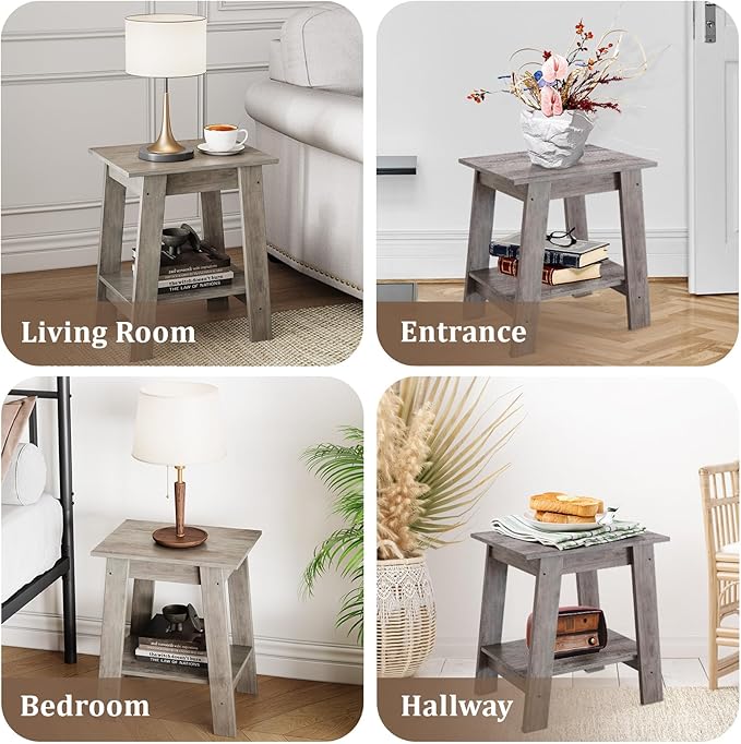 End Table, Set of 2, Side Table with 2-Tier Storage Shelf, Sofa Table for Small Space, Square Nightstand for Entryway, Farmhouse, Living Room, Easy Assembly, Grey