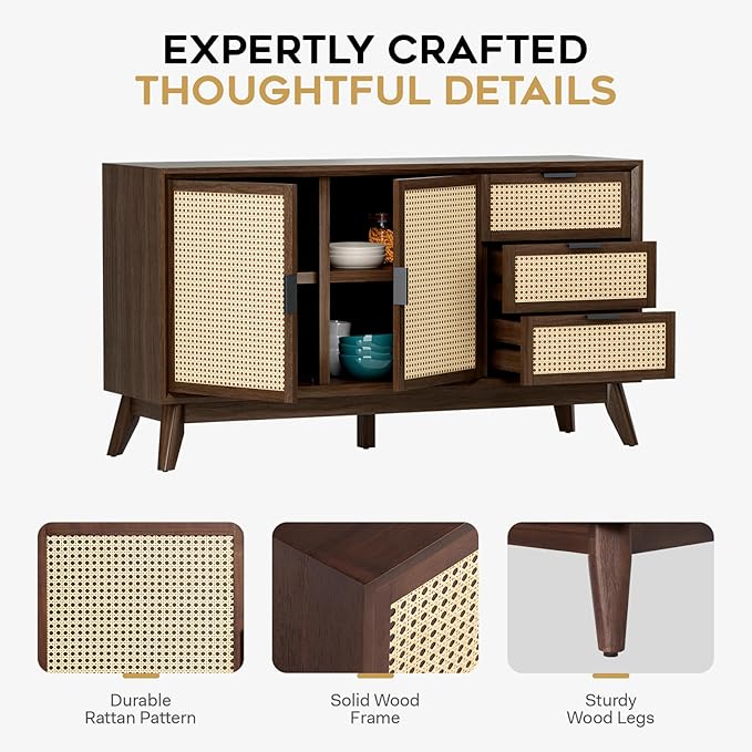 Bme Jasper Sideboard with 3 Drawers & 2 Rattan Doors, Buffet Cabinet with Storage for Dining Room, Living Room, Adjustable Shelves, Walnut