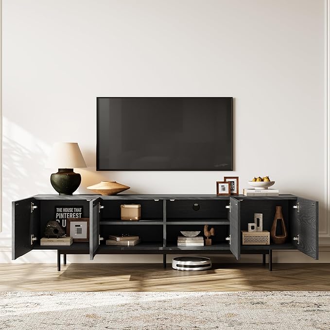 POVISON Full Assembled Mid-Century Modern TV Stand with Slatted Doors, Wood Media Console for 80 85+ Inch TV, TV Console with Tall-cast Metal Legs, Entertainment Center with Storage for Living Room