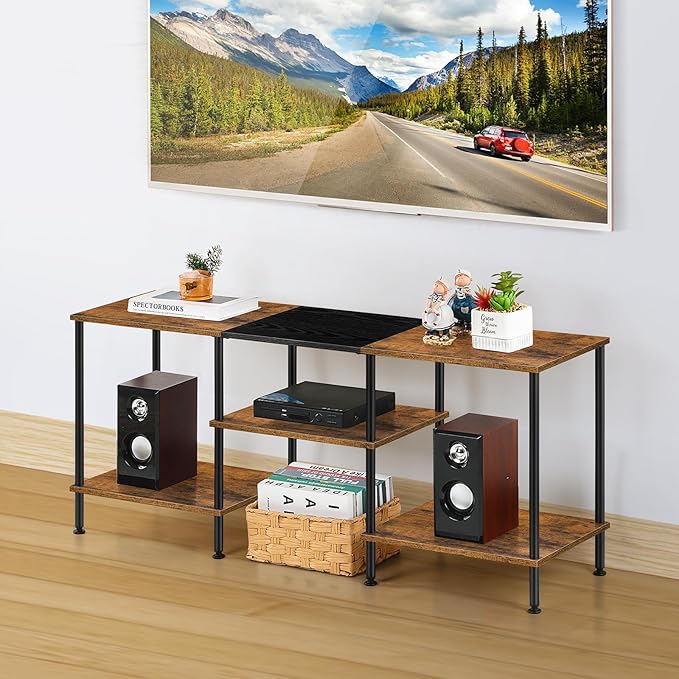 Industrial TV Stand with Storage for 50 inch TV Rustic TV Cabinet with Open Storage Shelf 3 Tier Entertainment Center Wood Console Table with Metal Round Tubes for Living Room Bedroom, Brown
