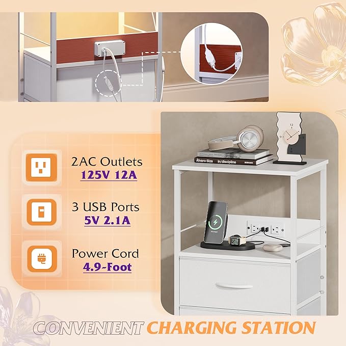 WLIVE White Night Stand with Charging Station, LED Nightstand with 2 Fabric Drawers and Storage Shelf, Dorm Bedside Table End Table with 2 USB Ports and Outlets, Small Dresser for Bedroom, Living room