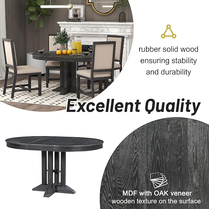 FULife Country Rustic Design Round Table with 14" Removable Leaf, Extendable Circular to Oval Solid Wood Tabletop with X-Shaped Trestle Legs, Space-Saving Kitchen-Tables for Dining/Living Room