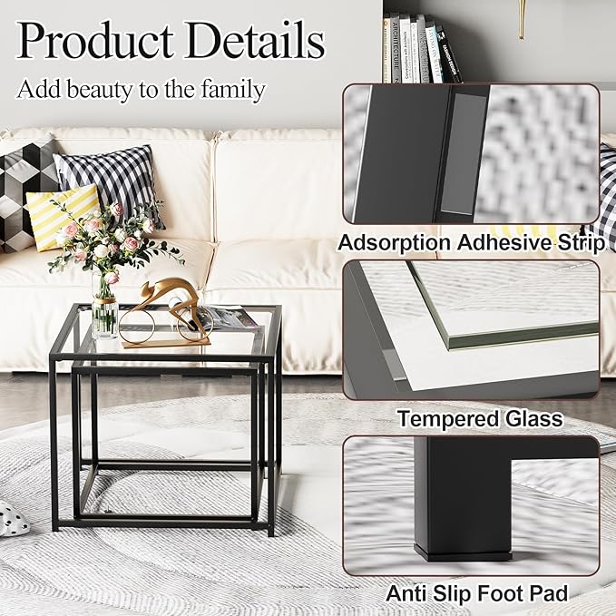 Garden 4 you Coffee Table Set of 2, Modern Glass Nesting Table, Metal Frame Square Center Table Set, Side Tables, Nesting Coffee Table for Living Room, Bedroom and Small Spaces, 23.6in Black