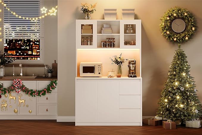 Garvee Kitchen Pantry Cabinet,71" Tall Storage Cabinet with Doors and Shelves Adjustable,Kitchen Storage Hutch with Microwave Shelf, Led Lights and Charging Station,Corner Pantry Cabinet,White