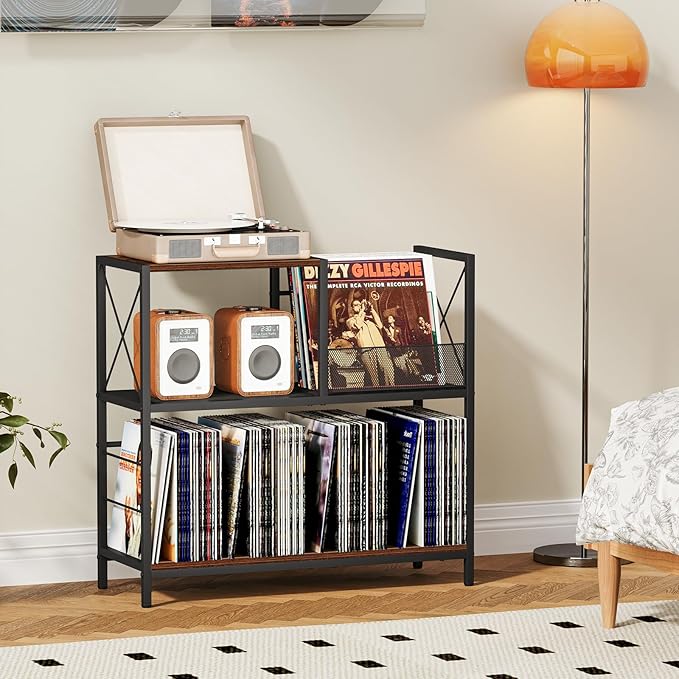Snughome Large Vinyl Record Player Stand, Holds Up to 300 Albums, Wooden Record Display Table with 3 Adjustable Divider for Turntable Stand, Large Record Player Table Vinyl Album Storage