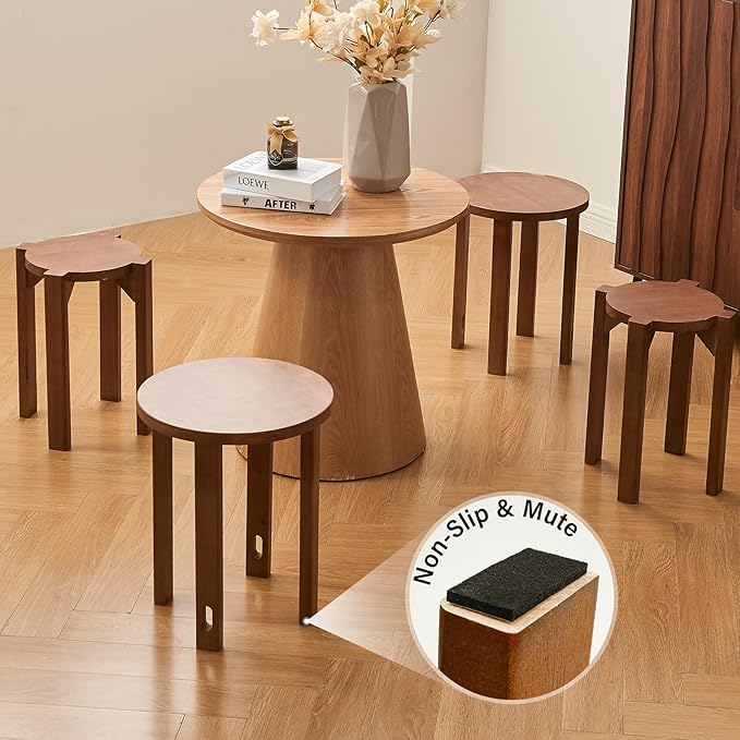 CozyDH 4-in-1 Nesting Side Tables, Stackable Stools Set of 4, Wooden Round End Table with Wheels, Small Coffee Table Nightstand for Bedroom Living Room, Walnut