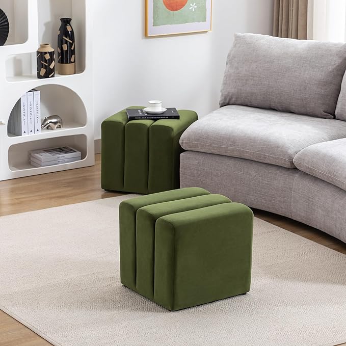 ONEVOG 18" Large Square Ottoman Foot Rest, Olive Green Velvet Fabric Upholstered Modern Cube Footstool, Vanity Stools, Couch Footrest, Comfy Ottoman Pouf Seat for Living Room, Bedroom, Coffee Table
